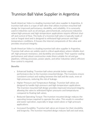 Trunnion Ball Valve Supplier in Argentina