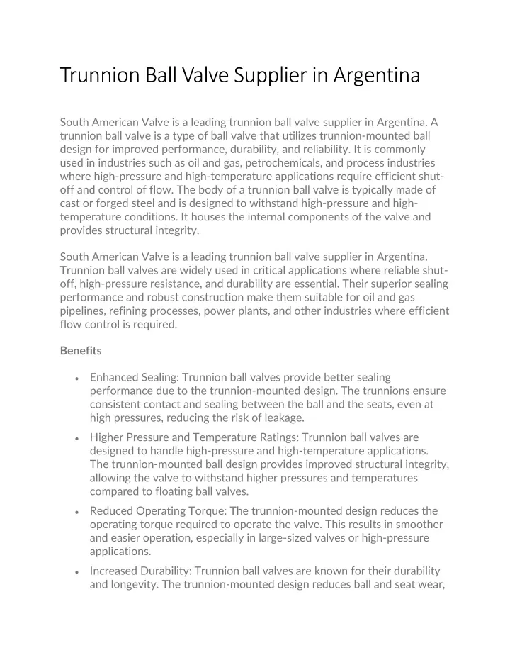 trunnion ball valve supplier in argentina