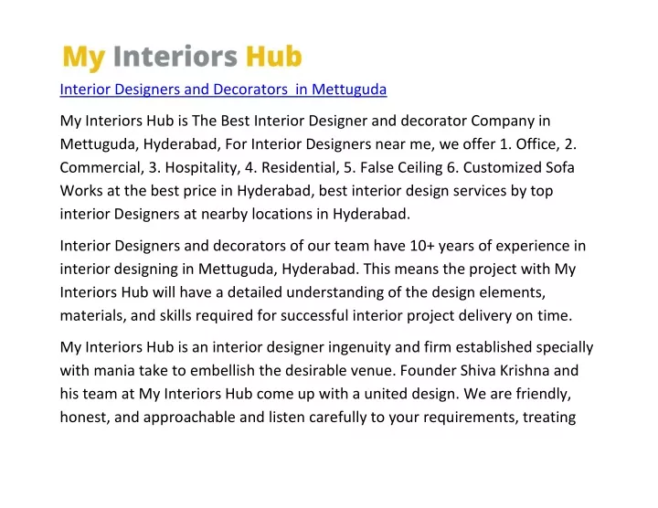 interior designers and decorators in mettuguda