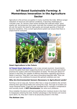 IoT-Based Sustainable Farming: A Momentous Innovation in the Agriculture Sector