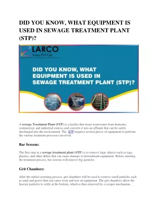 DID YOU KNOW, WHAT EQUIPMENT IS USED IN SEWAGE TREATMENT PLANT (STP)