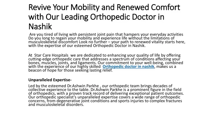 revive your mobility and renewed comfort with our leading orthopedic doctor in nashik