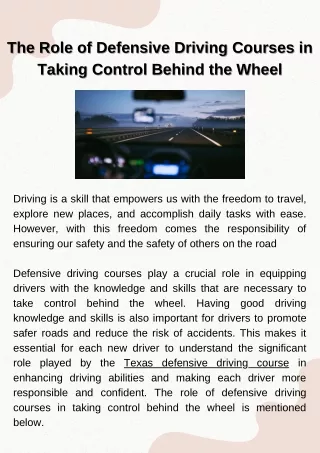 The Role of Defensive Driving Courses in Taking Control Behind the Wheel