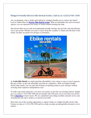 Budget-Friendly Electric bike Rental Aruba | Call us at 1-(321)-946-1306