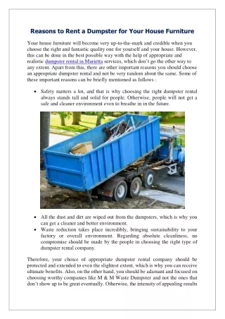 Reasons to Rent a Dumpster for Your House Furniture
