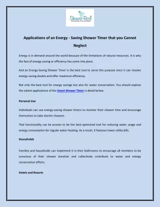 Applications of an Energy Saving Shower Timer that you Cannot Neglect
