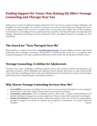 How Raising EQ Offers Teenage Counseling and Therapy Near You