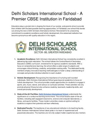 Delhi Scholars International School - A Premier CBSE Institution in Faridabad