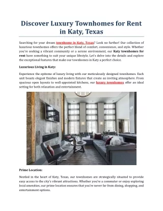 Discover Luxury Townhomes for Rent in Katy, Texas