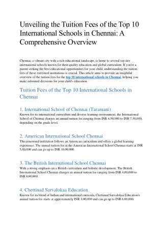 Unveiling the Tuition Fees of the Top 10 International Schools in Chennai: A Com
