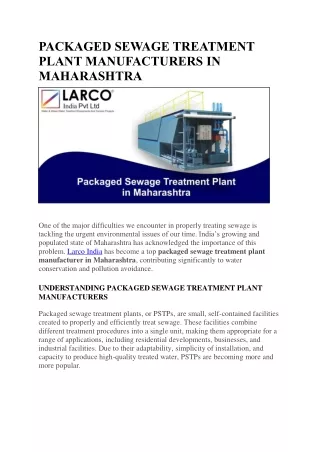 PACKAGED SEWAGE TREATMENT PLANT MANUFACTURERS IN MAHARASHTRA