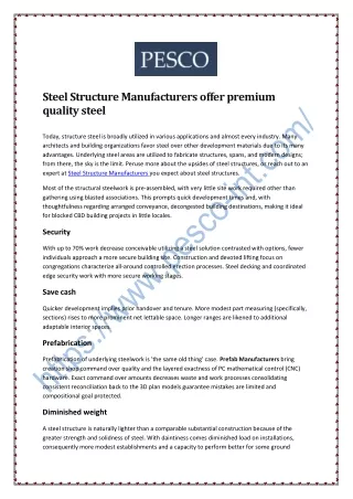 Steel Structure Manufacturers offer premium quality steel