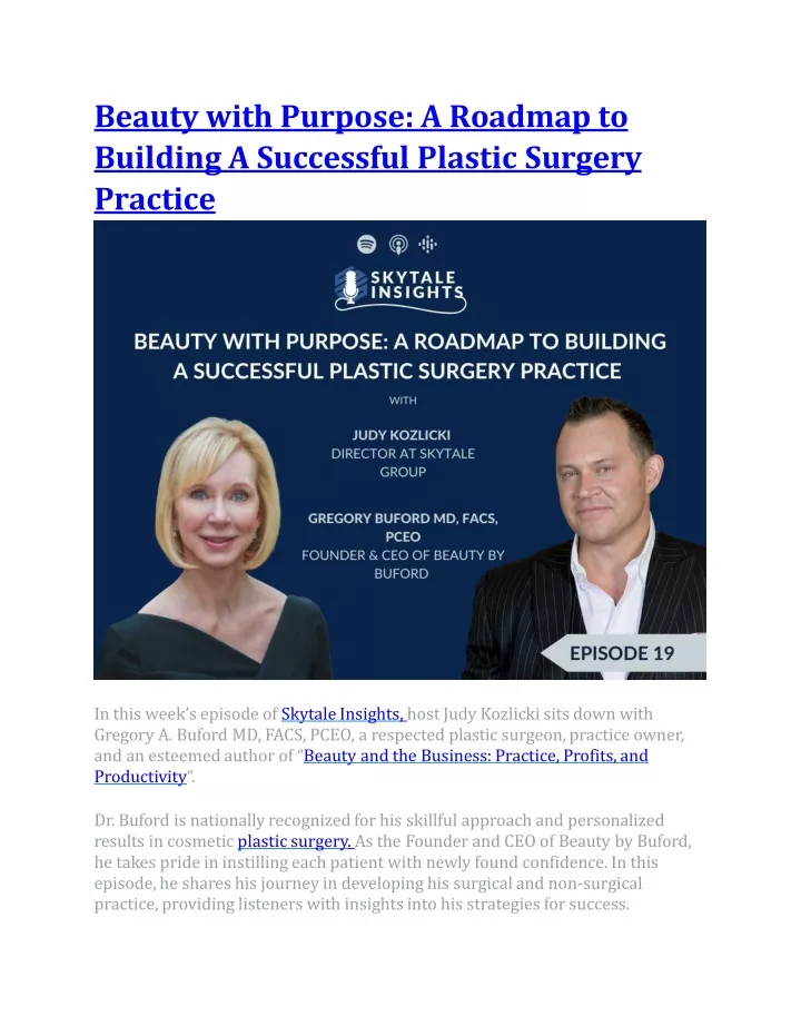 beauty with purpose a roadmap to building a successful plastic surgery practice