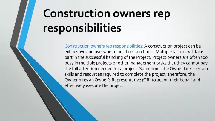 PPT - Construction owners rep responsibilities PowerPoint Presentation ...