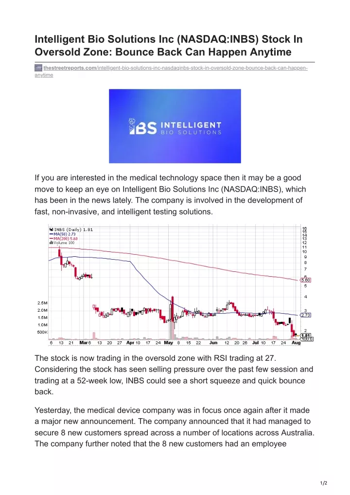 intelligent bio solutions inc nasdaq inbs stock