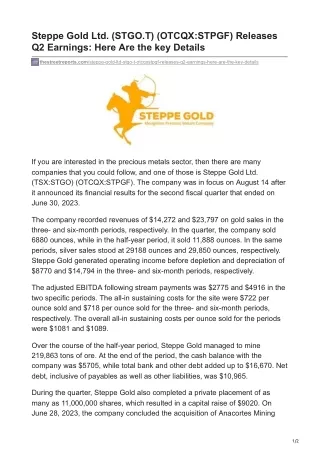 Steppe Gold Ltd. (STGO.T) (OTCQX-STPGF) Releases Q2 Earnings- Here Are the key Details