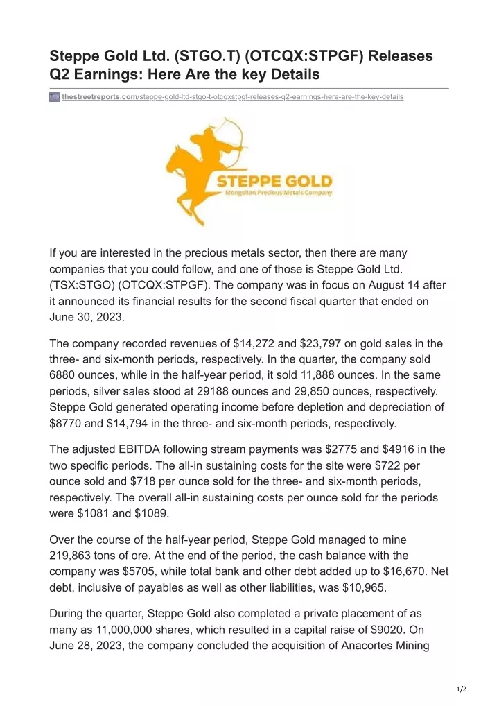 steppe gold ltd stgo t otcqx stpgf releases