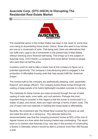 Auscrete Corp. (OTC-ASCK) Is Disrupting The Residential Real Estate Market