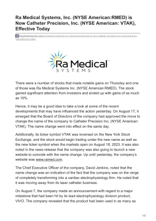 Ra Medical Systems, Inc. (NYSE American-RMED) is Now Catheter Precision, Inc. (NYSE American- VTAK), Effective Today