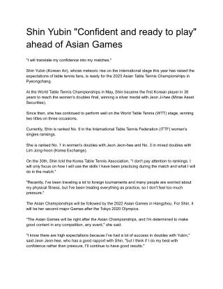 Shin Yubin _Confident and ready to play_ ahead of Asian Games