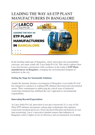LEADING THE WAY AS ETP PLANT MANUFACTURERS IN BANGALORE