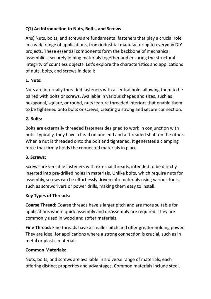 q1 an introduction to nuts bolts and screws