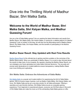 Dive into the Thrilling World of Madhur Bazar, Shri Matka Satta