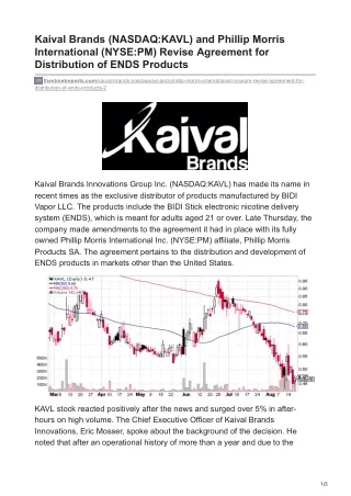 Kaival Brands (NASDAQ-KAVL) and Phillip Morris International (NYSE-PM) Revise Agreement for Distribution of ENDS Product