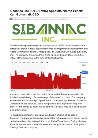 Sibannac, Inc. (OTC-SNNC) Appoints “Hemp Expert” Karl Gottschalk CEO