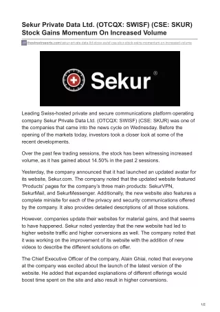 Sekur Private Data Ltd. (OTCQX-SWISF) (CSE- SKUR) Stock Gains Momentum On Increased Volume