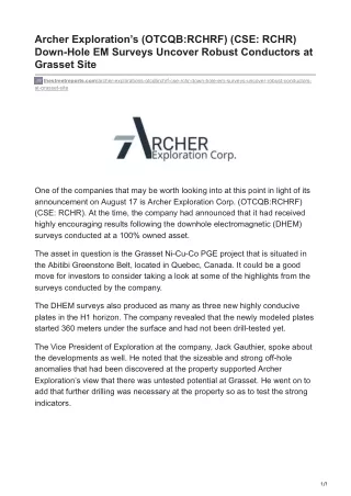 Archer Exploration’s (OTCQB-RCHRF) (CSE- RCHR) Down-Hole EM Surveys Uncover Robust Conductors at Grasset Site