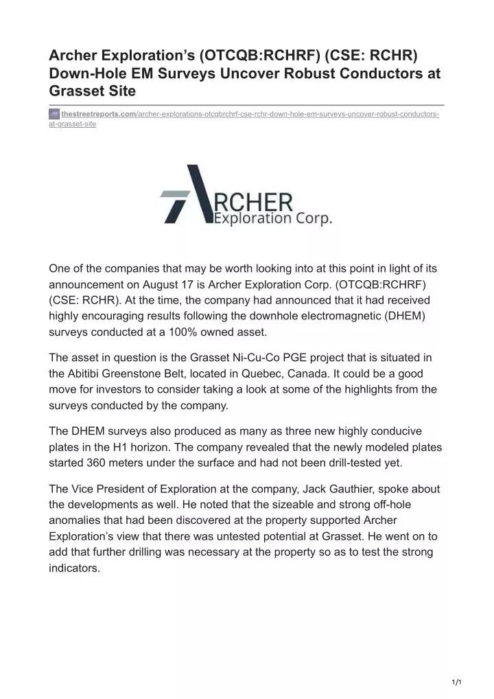 archer exploration s otcqb rchrf cse rchr down