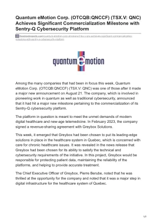 Quantum eMotion Corp. (OTCQB-QNCCF) (TSX.V- QNC) Achieves Significant Commercialization Milestone with Sentry-Q Cybersec