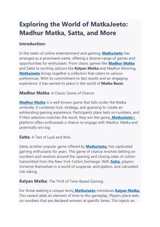 exploring the world of matkajeeto madhur matka
