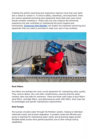 Greencare Pool Builder - Swimming Pool Equipment You Need to Purchase