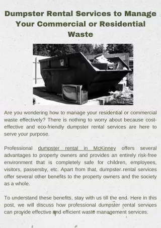 Dumpster Rental Services to Manage Your Commercial or Residential Waste