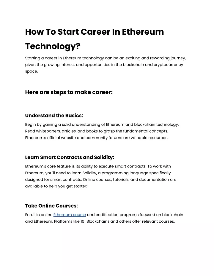 how to start career in ethereum technology