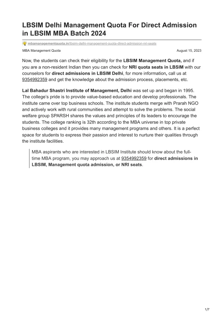 lbsim delhi management quota for direct admission