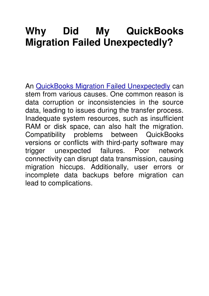 why migration failed unexpectedly an quickbooks