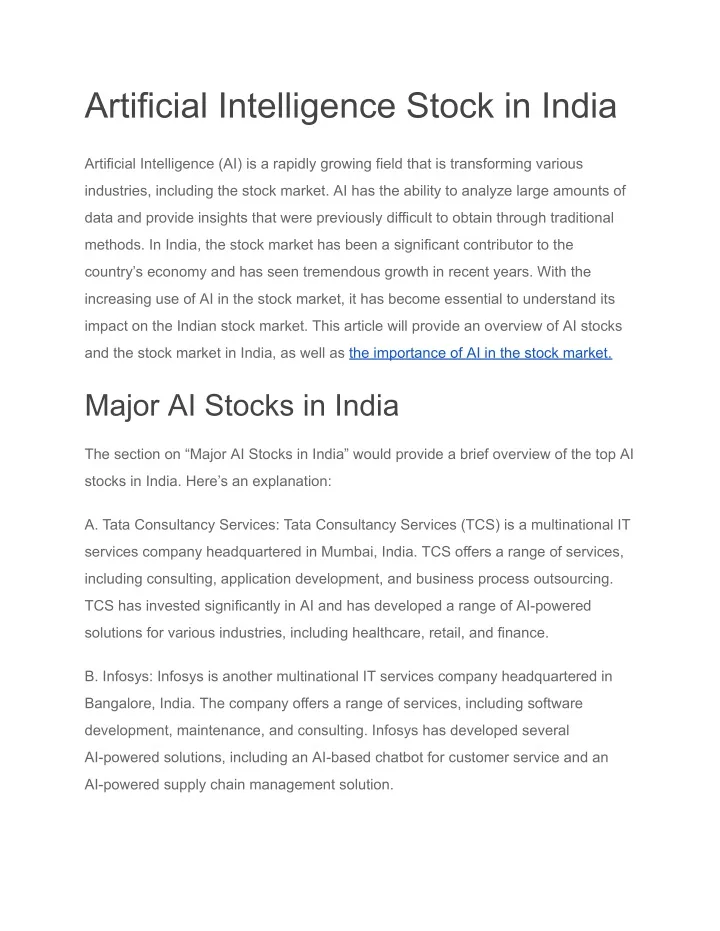 artificial intelligence stock in india