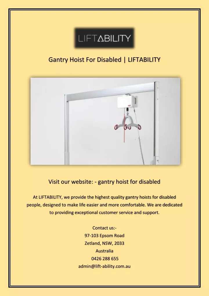 gantry hoist for disabled liftability