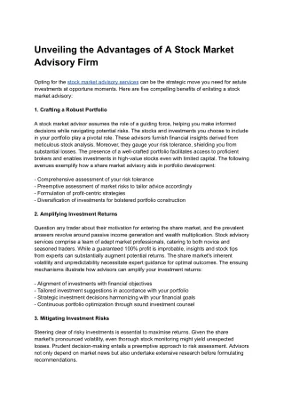 Unveiling the Advantages of Engaging a Stock Market Advisory Firm