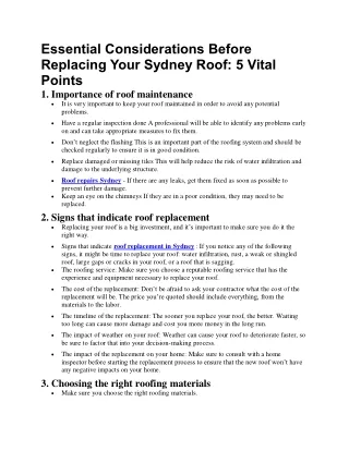 Essential Considerations Before Replacing Your Sydney Roof