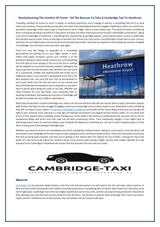 Revolutionising The Comfort Of Travel – All The Reasons To Take A Cambridge Taxi To Heathrow