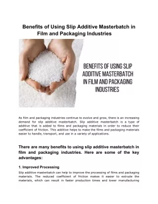 Benefits of Using Slip Additive Masterbatch in Film and Packaging Industries