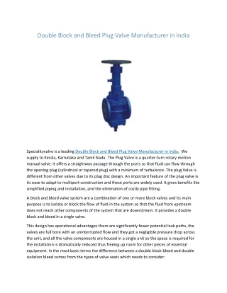 Double Block and Bleed Plug Valve Manufacturer in India