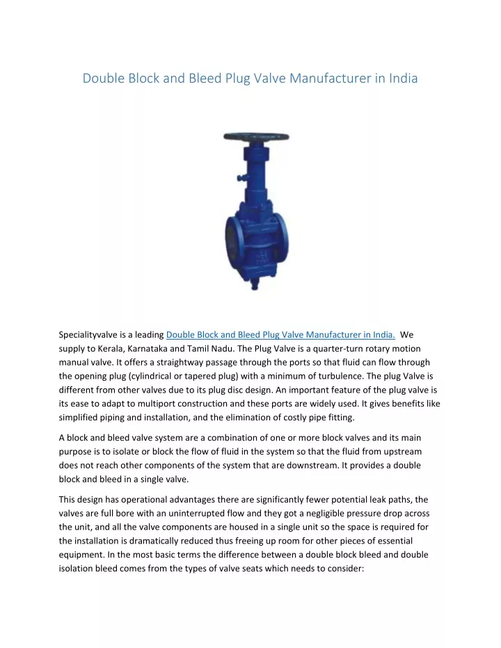 double block and bleed plug valve manufacturer