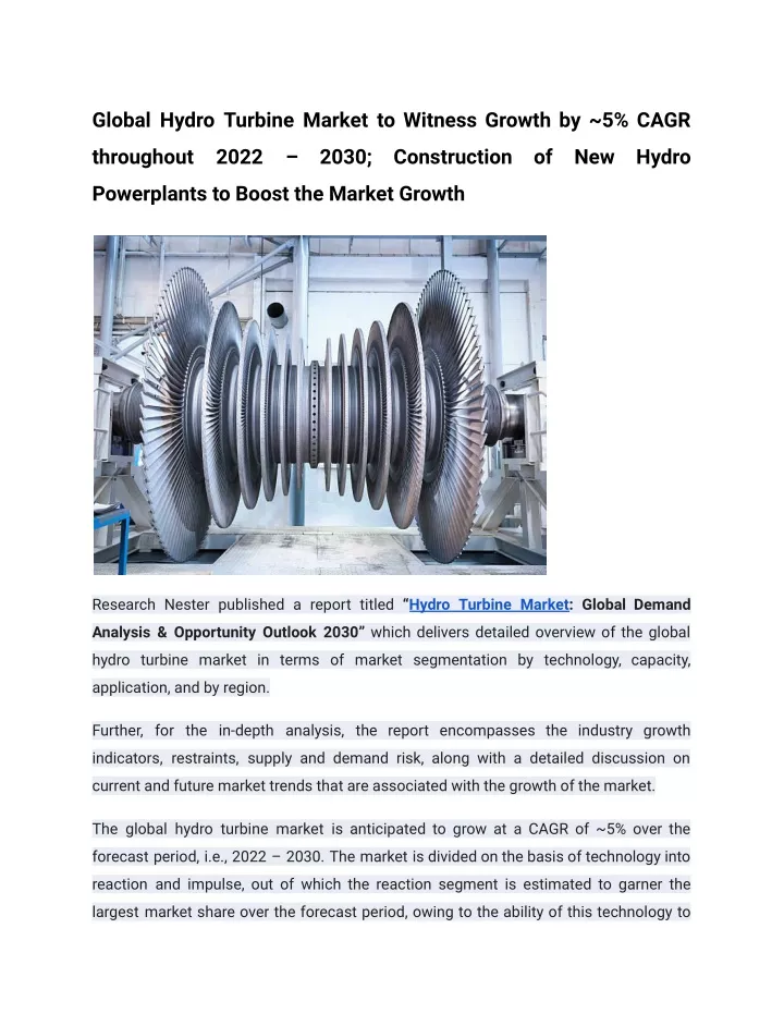 global hydro turbine market to witness growth