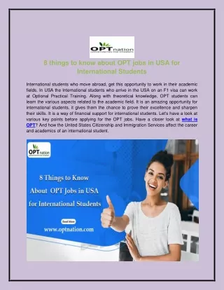 8 things to know about  OPT jobs in USA for International Students