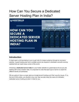 How You Can Secure a Dedicated Server Hosting Plan in India